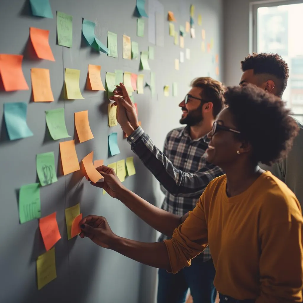Équipe en session de brainstorming créatif